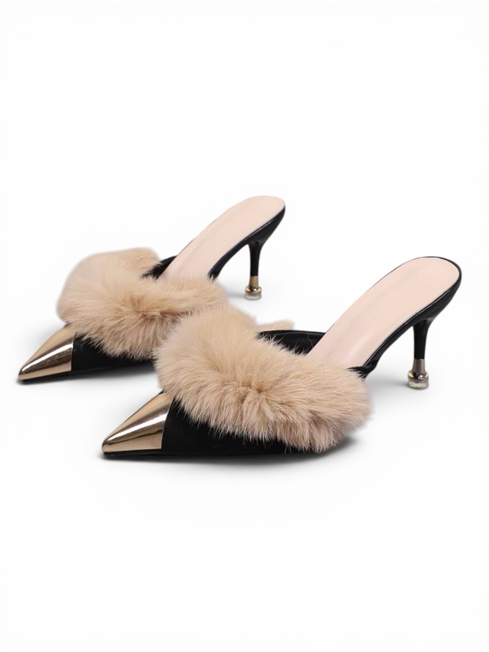 Faux Fur Accent Black Mules with Gold Toe